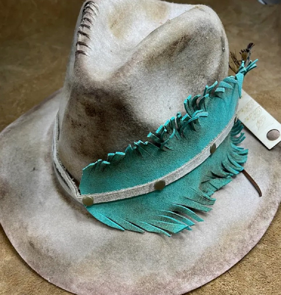 Turquoise Feather Embossed Leather Hat Band 950V