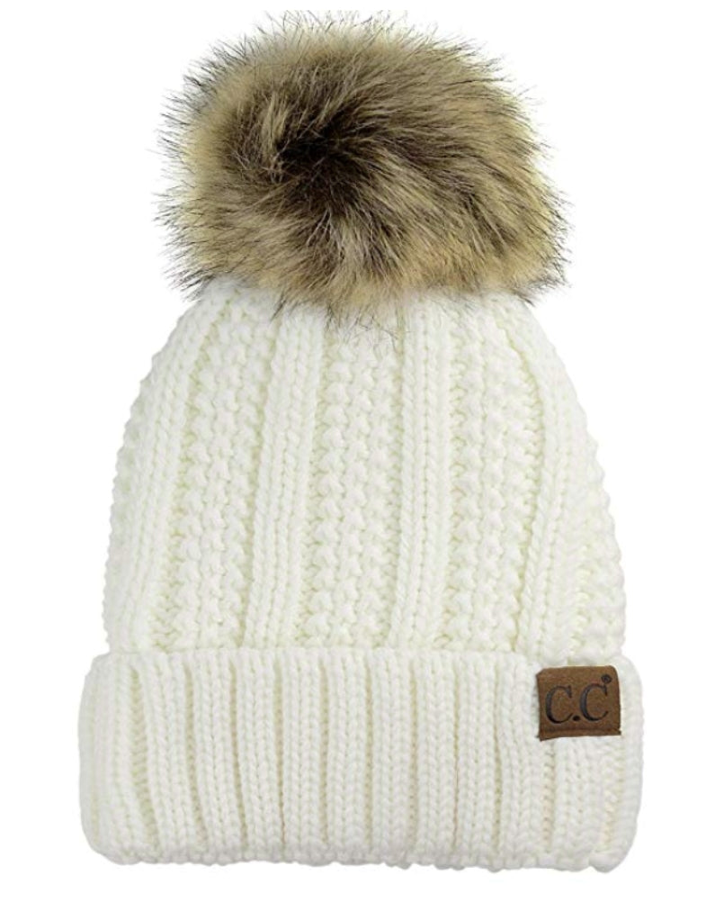 Ivory Cableknit Faux Fur Pom Hat Hats & Headwear